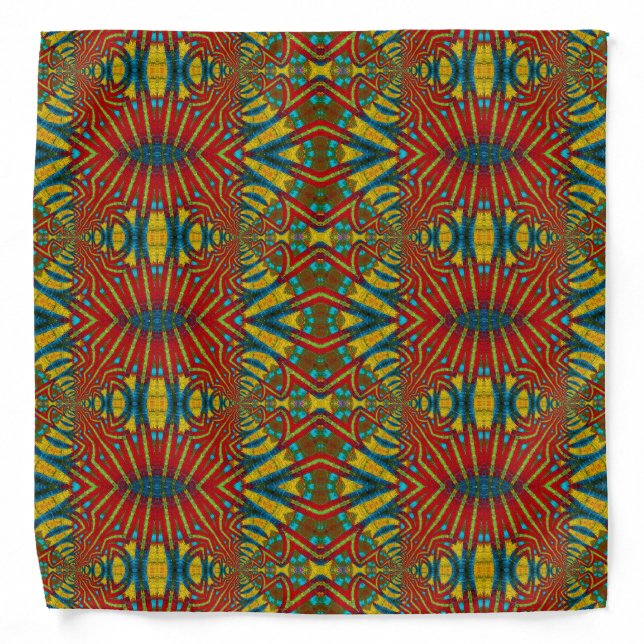  Yellow Teal & Red Abstract Print Ethnic Geometric Bandana (Front)