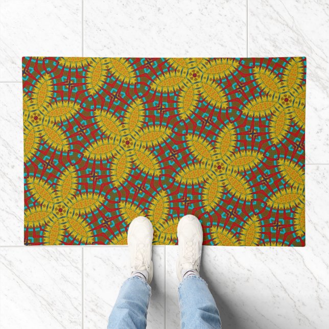 Yellow Teal & Red Flowers Pattern Cool Boho Tribal Doormat (Indoor)