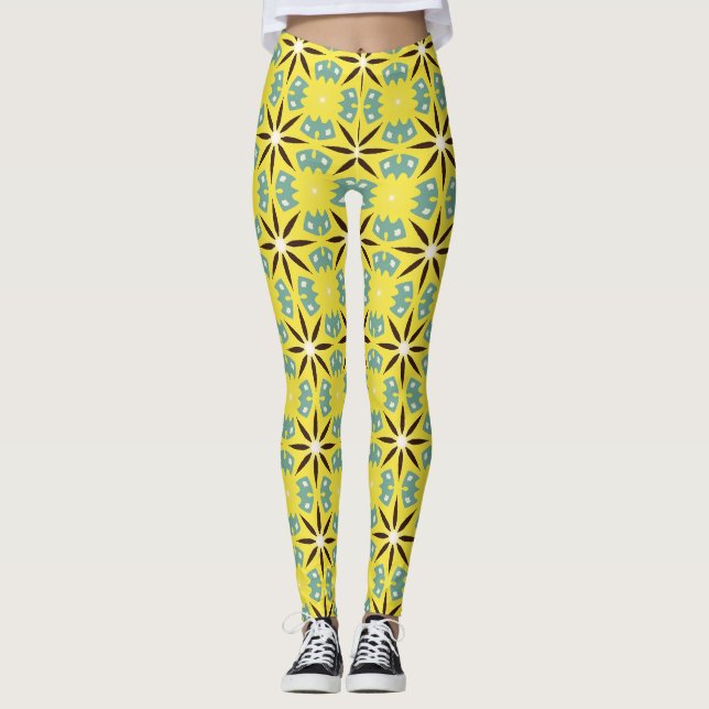 Yellow Teal Retro Geometric Pattern Leggings (Front)