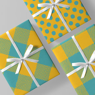Yellow & Teal Squiggly Buffalo Plaid & Polka Dots Wrapping Paper Sheets