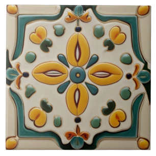 Yellow & Teal Symmetrical Abstract Mediterranean Ceramic Tile