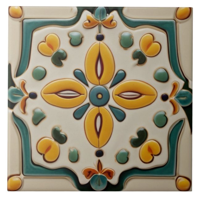Yellow & Teal Symmetrical Abstract Mediterranean Ceramic Tile (Front)