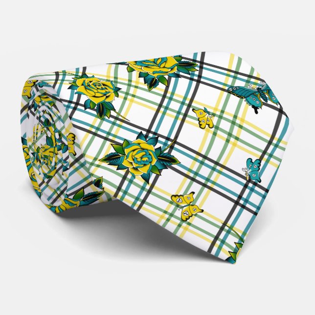 Yellow Teal Tattoo Rose Skull Butterflies Plaid Neck Tie (Rolled)