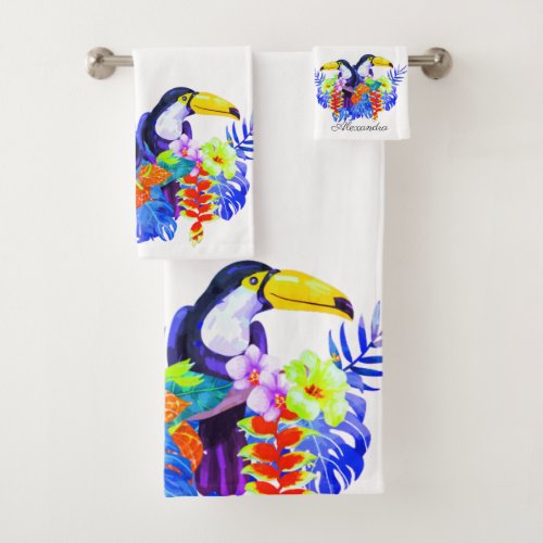 Yellow Teal Toucan birds tropical flowers Bath Tow Bath Towel Set