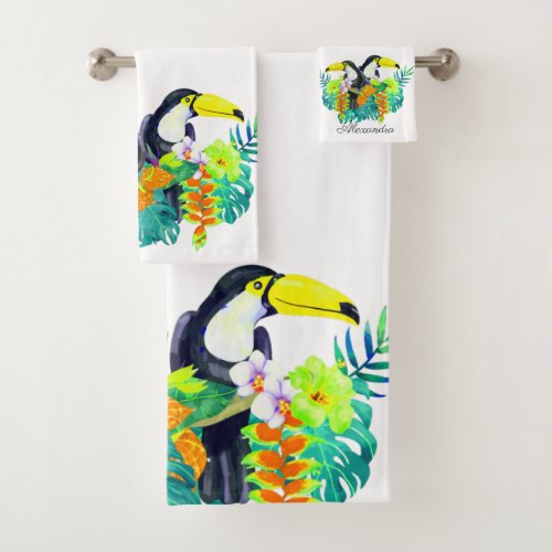 Yellow Teal Toucan birds tropical flowers Bath Towel Set