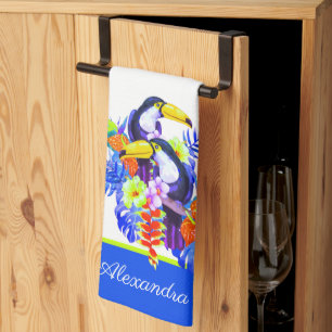 Yellow Teal Toucan birds tropical flowers Kitchen Towel