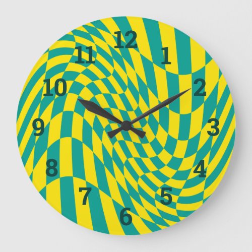 Yellow  Teal Warped Checkerboard Illusion Large Clock