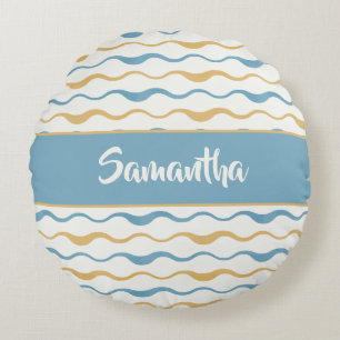 Yellow & Teal Waves Personalized Nautical Boho Round Pillow