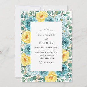 Yellow Teal Whimsical Watercolor Wedding Invitation