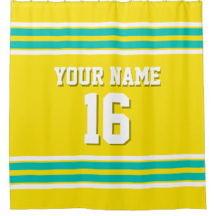 Yellow Teal White Stripes Sports Jersey Shower Curtain