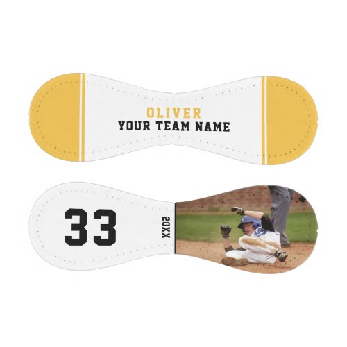 Yellow Team Name Player Number Name Photo Baseball - Custom Yellow Team Name Player Number Name Photo Baseball. The text is trendy yellow on a white background with yellow stripe. You can change any text on the baseball or erase it. A perfect gift for a baseball player, teammates, coach, your friends and family. Personalize it with your photo, name, team name and the year. Great keepsake to remember your favorite sport.