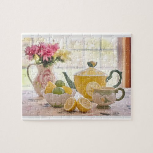 Yellow Teapot and Flowers Still Life Photo Jigsaw Puzzle