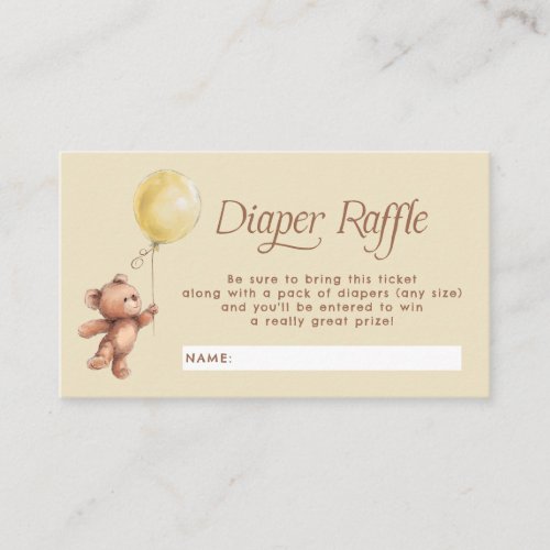 Yellow Teddy Bear Balloon Diaper Raffle Ticket Enclosure Card
