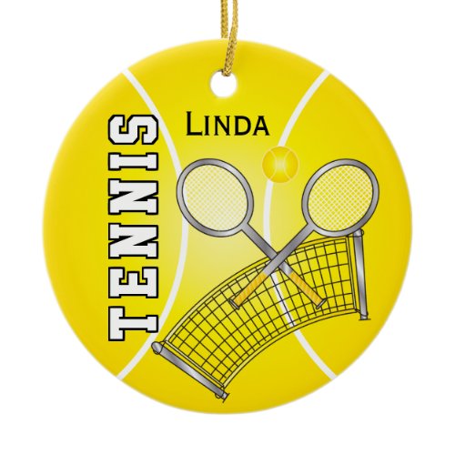 Yellow Tennis Ball and Net Ceramic Ornament
