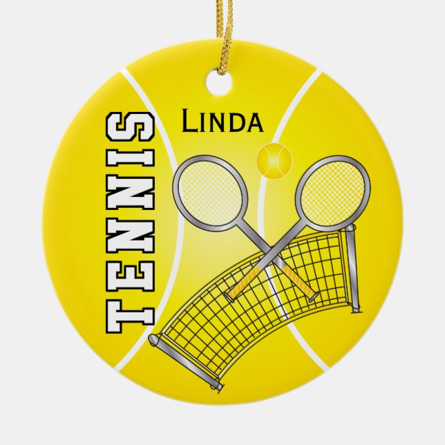 Yellow Tennis Ball and Net Ceramic Ornament (Front)