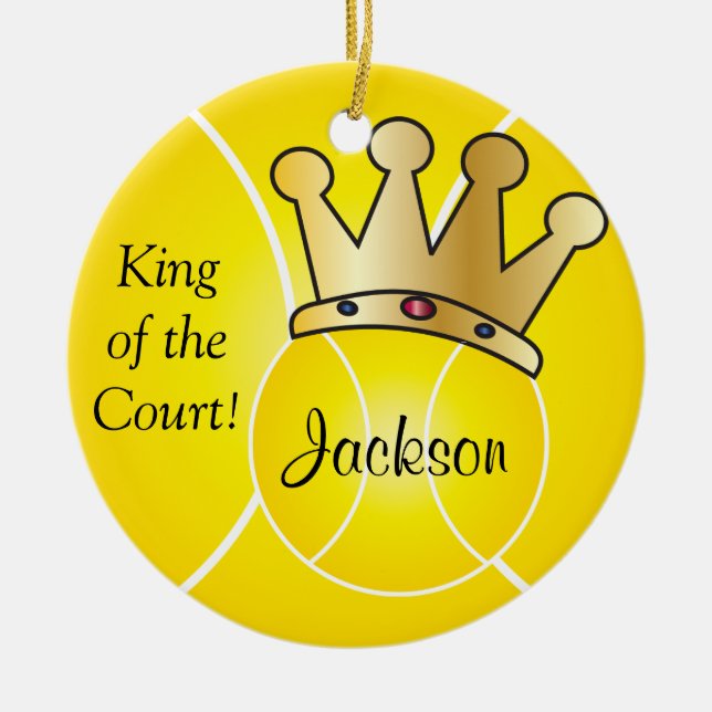 Yellow Tennis Ball | King of the Court Personalize Ceramic Ornament (Front)