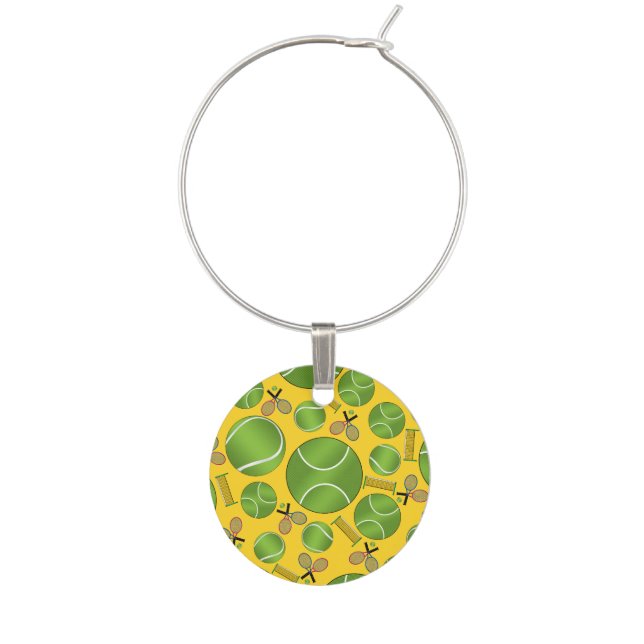 Yellow tennis balls rackets and nets wine glass charm (Front)