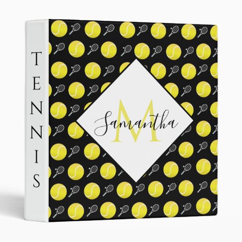 Yellow Tennis Balls  Rackets Monogram Custom Name 3 Ring Binder