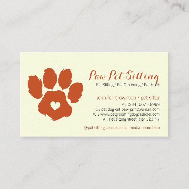 Yellow Terra Pet Sitter Social Media Dog Cat Paw Business Card (Front)
