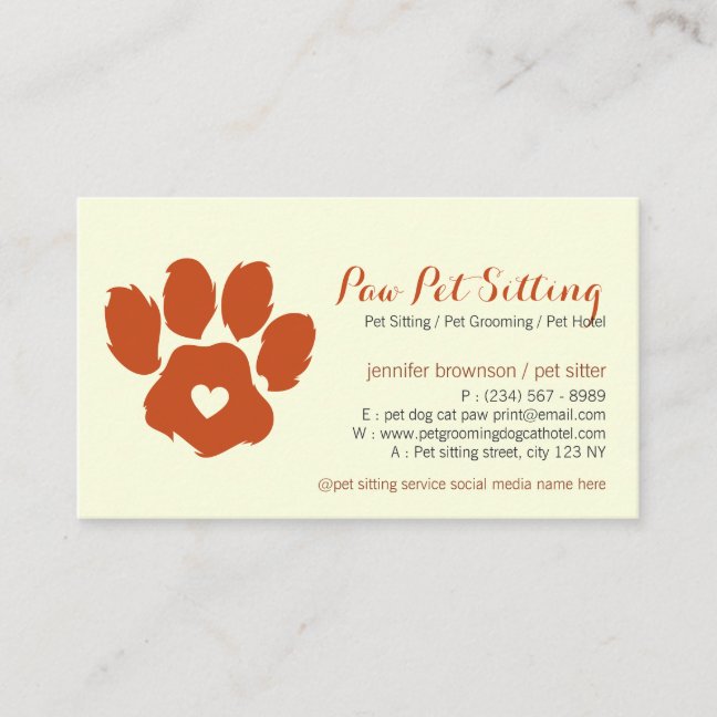 Yellow Terra Pet Sitter Social Media Dog Cat Paw Business Card