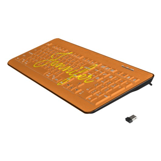 Yellow Text Custom Name on Orange Background Wireless Keyboard (Angled)