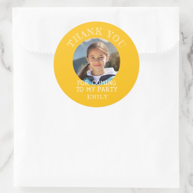 Yellow Thank you Birthday Girl Photo Classic Round Sticker (Bag)
