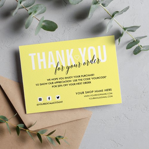 YELLOW THANK YOU FOR YOUR ORDER SOCIAL ENCLOSURE CARD