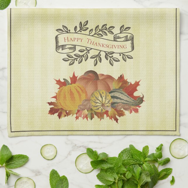 Yellow Thanksgiving Pumpkins and Squash Kitchen Towel (Folded)