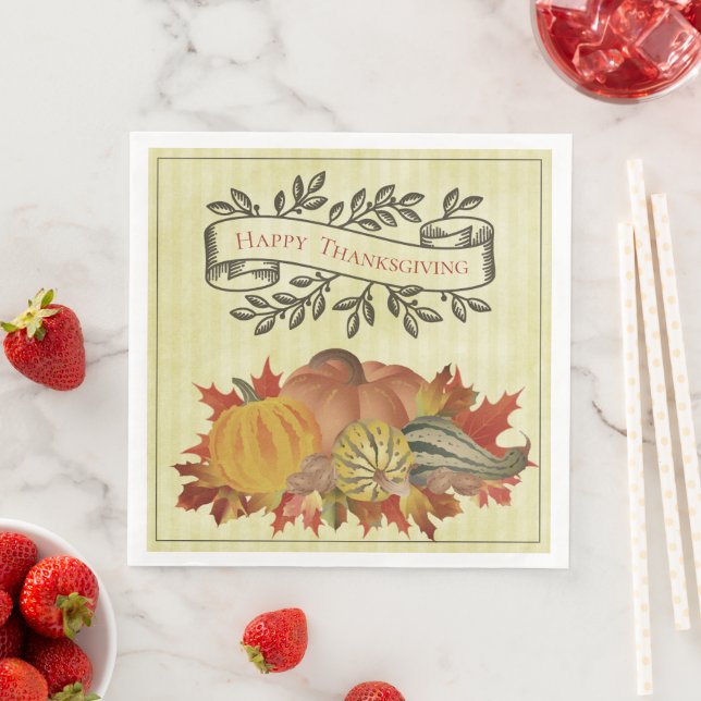 Yellow Thanksgiving Pumpkins and Squash Paper Dinner Napkins (Insitu)