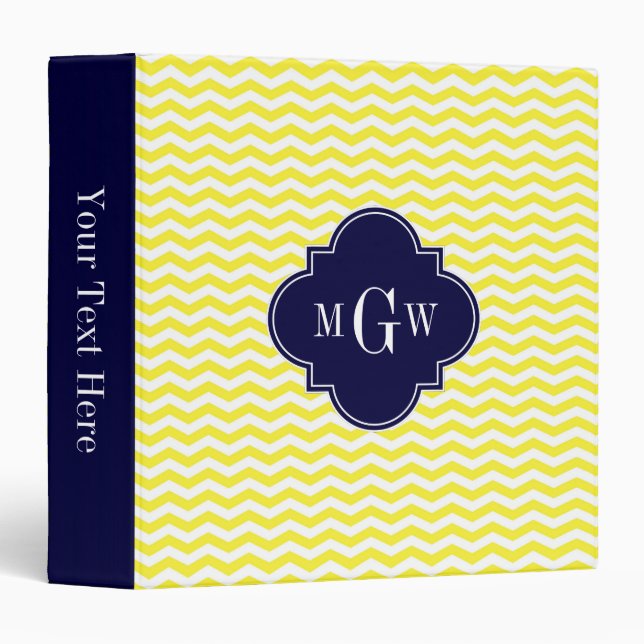 Yellow Thin Chevron Navy Quatrefoil 3 Monogram Binder (Front/Spine)