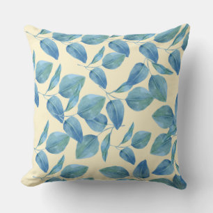 Yellow Throw Pillow With Blue Leaves 
