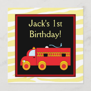 Yellow Tiger Red Fire Truck Boy 1st Birthday Party Invitation