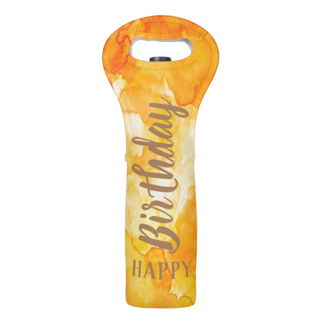 Yellow to Gold Watercolor Swirls Happy Birthday Wine Bag (Front)