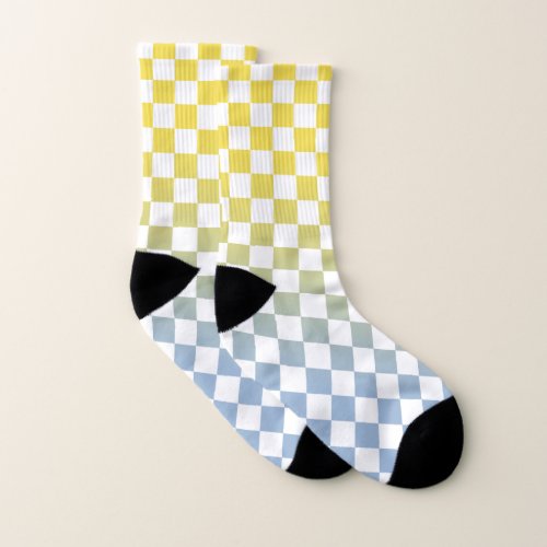 Yellow to Light Blue and White Checkered Pattern Socks