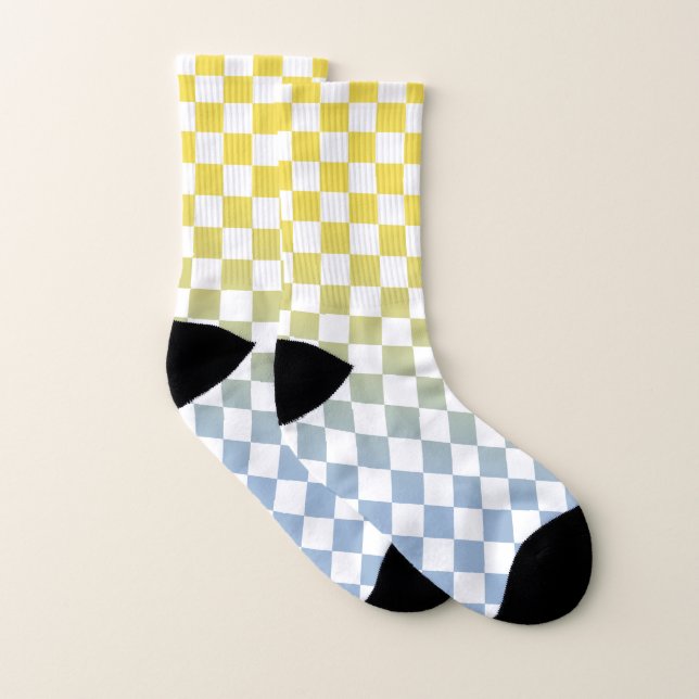Yellow to Light Blue and White Checkered Pattern Socks (Pair)
