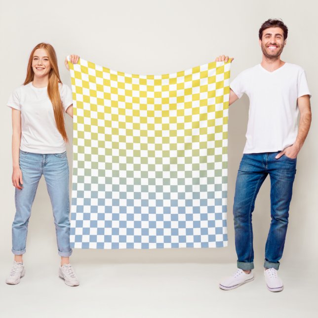 Yellow to Light Blue Gradient Checkered Pattern Fleece Blanket (In Situ)