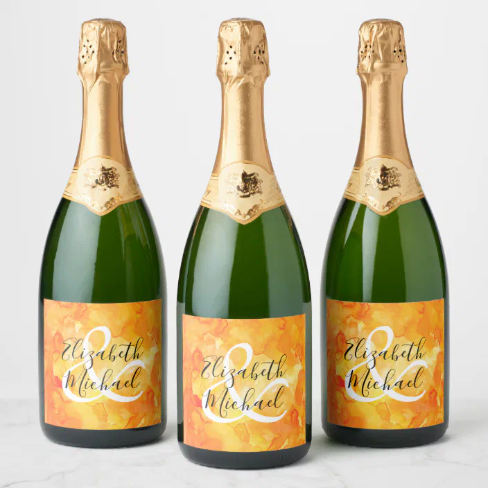 Yellow to Orange Watercolor Champagne Bottle Label | Zazzle.com