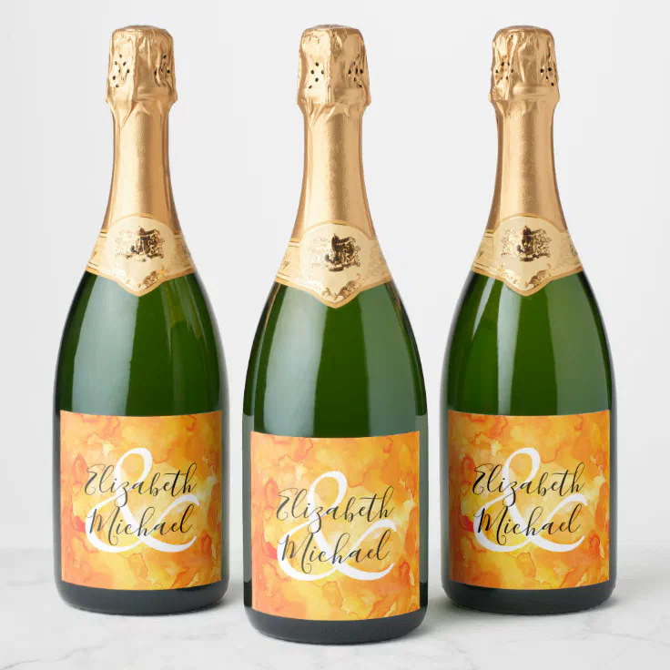 Yellow to Orange Watercolor Champagne Bottle Label | Zazzle