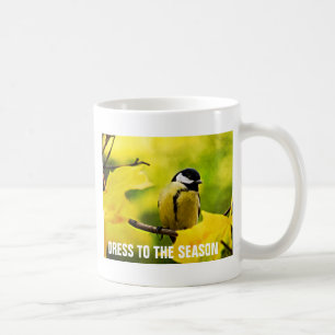 Yellow tomtit in golden autumn coffee mug