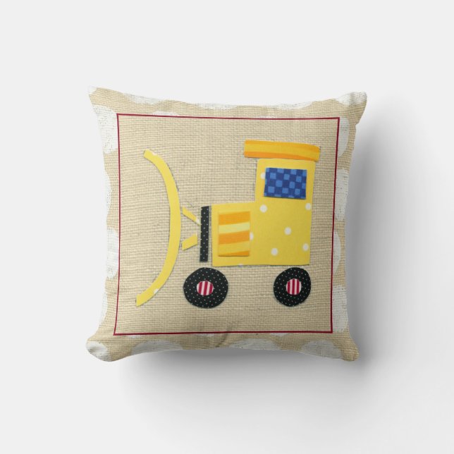 Yellow Toy Bulldozer Truck by Chariklia Zarris Throw Pillow (Front)