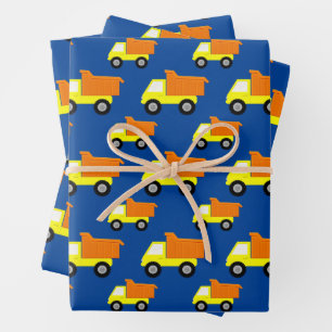 Yellow Toy Construction Truck On Blue Wrapping Paper Sheets