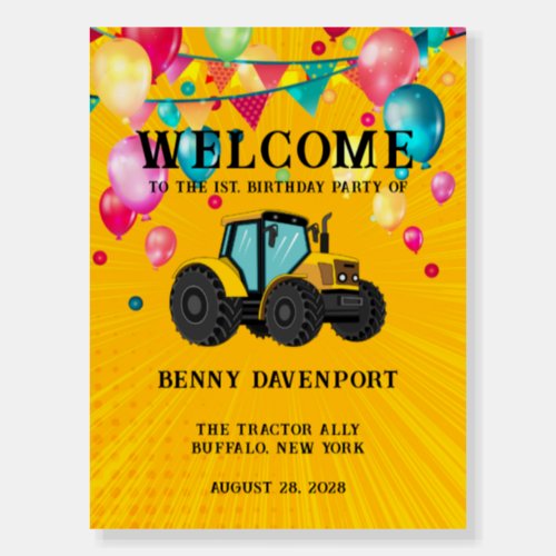 Yellow Tractor 1st Birthday Party Foam Board