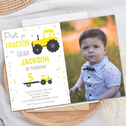 Yellow Tractor Birthday Invitations with photo