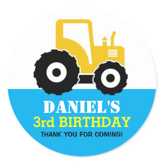 Yellow Tractor Cartoon Kids Birthday Party Sticker