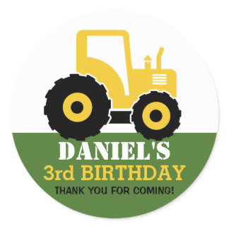 Yellow Tractor Cartoon Kids Birthday Party Sticker