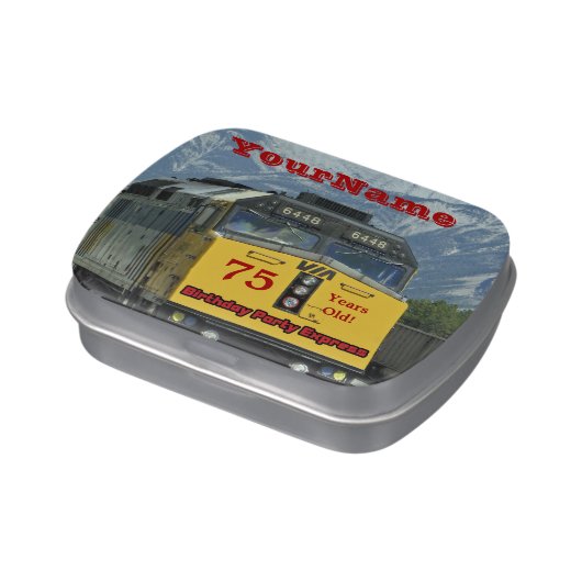 Yellow Train Party Favor 75th Birthday Candy Jelly Belly Tin (Side)