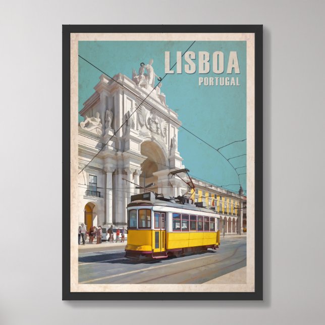 Yellow Tram, Augusta Street Arch. Lisbon, Portugal Framed Art (Framed Front)