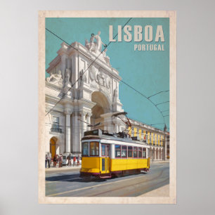 Yellow Tram, Augusta Street Arch. Lisbon, Portugal Poster