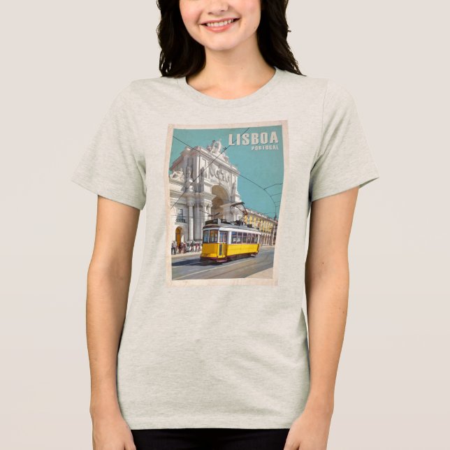 Yellow Tram, Augusta Street Arch. Lisbon, Portugal Tri-Blend Shirt (Front)