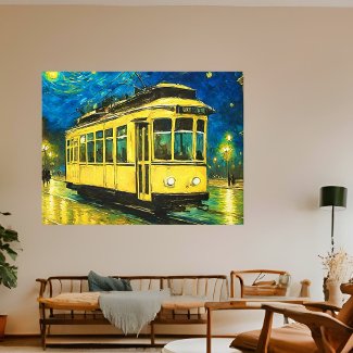 yellow tram on a starry  night -Budapest
